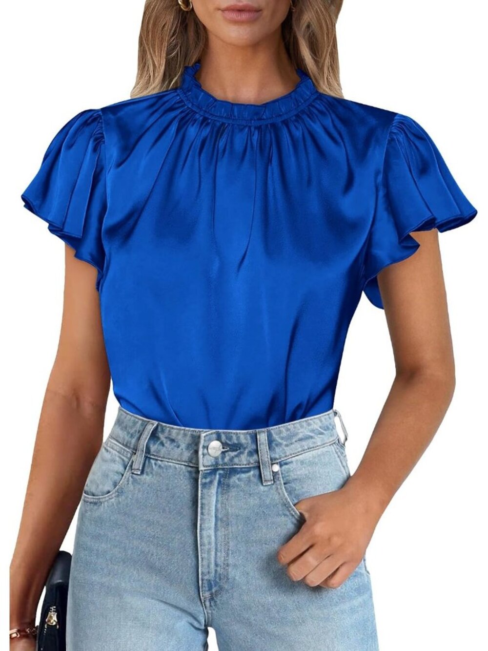 Women's Royal Blue Blouse Ruffled Neck Flutter Sleeve Office Work Silk Top